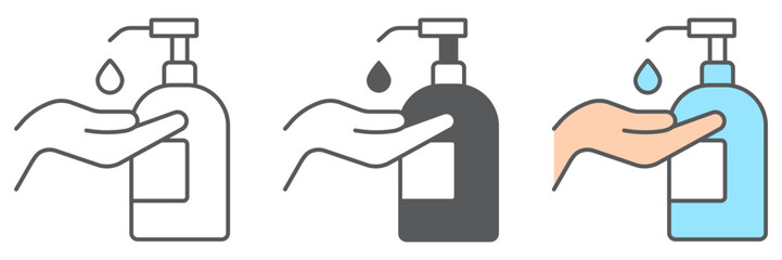 Disinfection soap with hand icons, wash and hygiene, hand soap sign, vector graphics, a linear pattern on a white background, eps 10.