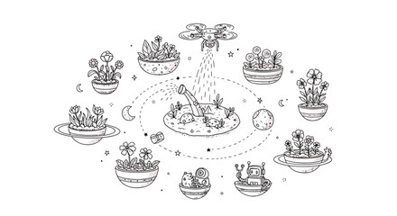 Whimsical Orbit of Potted Plants, Robot, Snail, and Drone Watering a Garden