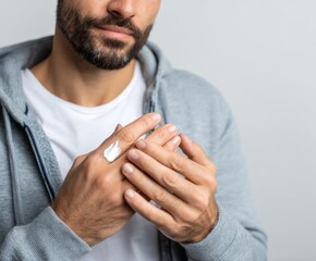 Close-up of a man applying moisturizer to his hand, showcasing a light-gray hoodie and a white cream.