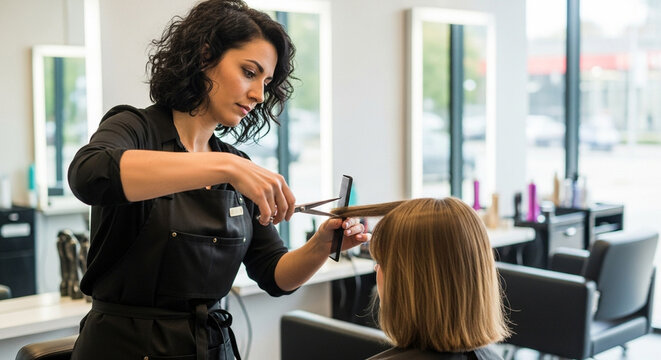 Professional hairdresser carefully cuts a young woman's hair with scissors in a modern salon - Powered by Adobe