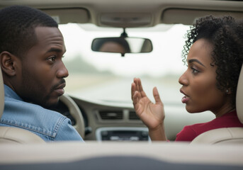 Frustrated couple having a heated conversation inside a car while traveling, emotional discussion during a road trip