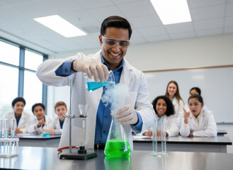 Fototapeta premium Smiling scientist demonstrates chemical experiment with colorful liquids emitting vapor in modern classroom with attentive students
