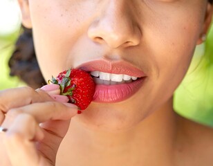 Close-up of a person eating a strawberry
