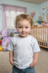 Naklejka premium Portrait of a cute little girl with light brown hair, standing in a cozy, softly lit children's room