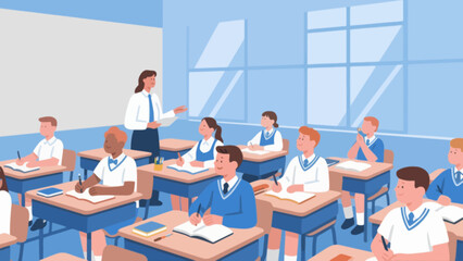 In the classroom, the teacher is giving a lesson to the students, with hand-drawn vector illustrations
