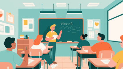 In the classroom, the teacher is giving a lesson to the students, with hand-drawn vector illustrations
