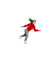 Sketch composite collage of winter season advent Christmas holiday happy young woman fast ride ice...