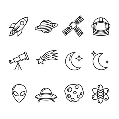 Space exploration and celestial objects line art icons rocket planet