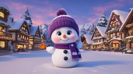 Snowman with purple hat and scarf stands in snowy village with lit houses at dusk or dawn christmas snow man video - Powered by Adobe