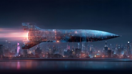 Cyber missile flying fast over futuristic cityscape