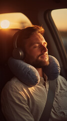 Fototapeta premium Peaceful Man Resting in Car Seat at Sunset with Neck Pillow and Headphones – Cinematic Road Trip Moment