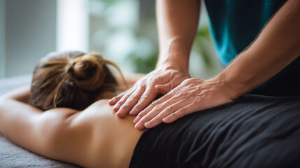 Mulher desfrutando de massagem nos ombros com um massagista em salão de spa © Leandro