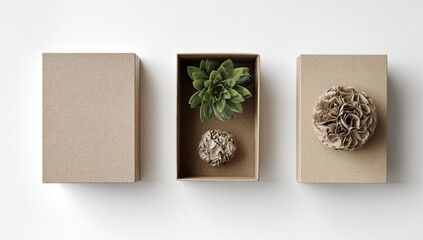 Three kraft boxes with decorative items