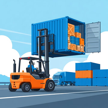 Professional forklift lifting freight container with goods for shipping logistics services as viewed through remote sensing imagery style