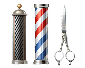 Barber Pole, Vintage Hairdressing Pole, and Scissors on salon barbershop isolated on a transparent background
