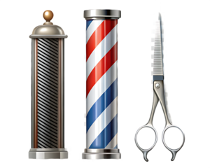 Barber Pole, Vintage Hairdressing Pole, and Scissors on salon barbershop isolated on a transparent background