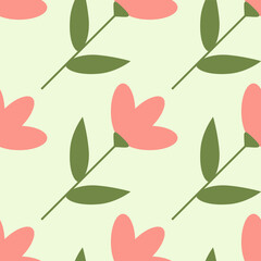 Seamless Pattern of Pink Flowers and Green Leaves
