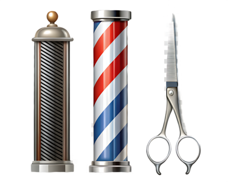 Barber Pole, Vintage Hairdressing Pole, and Scissors on salon barbershop isolated on a transparent background