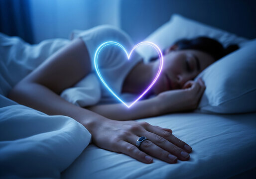 Futuristic photo of sleeping woman with Oura smart ring and glowing holographic data visualizations of health and sleep metrics. Importance of restful sleep, wellness, and modern health technology.
