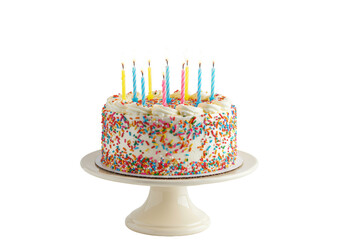 Photorealistic round white birthday cake with multi-colored jimmie sprinkles, ten lit candles in frosting swirls on a cream ceramic stand, soft studio lighting against transparent background,