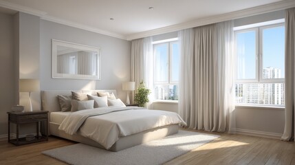 Bright and Serene Modern Bedroom with Large Windows and Soft Lighting for a Cozy Atmosphere