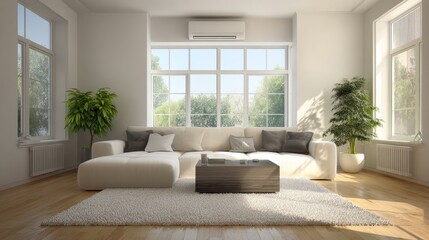 Modern and Bright Living Room Interior with Cozy Sofa and Lush Indoor Plants in Sunlit Space