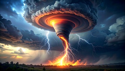 Fierce tornado with lightning storm