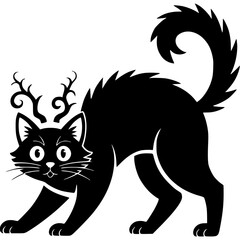 Halloween Cat Silhouette: A whimsical black cat with an arched back and decorative antlers, perfect for Halloween, with an expressive, dynamic design.