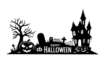 Halloween vector illustration design background with spooky pumpkins, haunted castle, graveyard and trees.