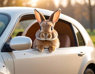 Bunny in a car, spring day
