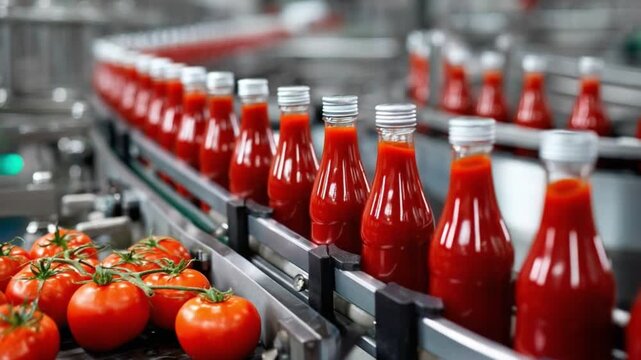Tomato Ketchup Production Line: Witness the precise, modern mechanism of a food factory as the tomato ketchup production line, filled with neat rows of ketchup bottles.