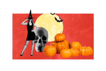 Composite photo collage of happy witch girl ritual halloween preparations pumpkin bat skull sabbath isolated on painted background