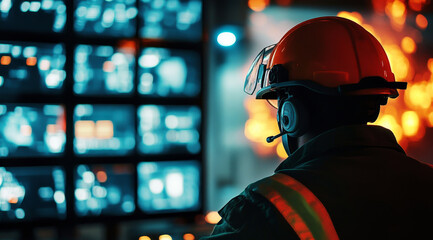 Control panel. A male firefighter monitors a room, fire protection, technology