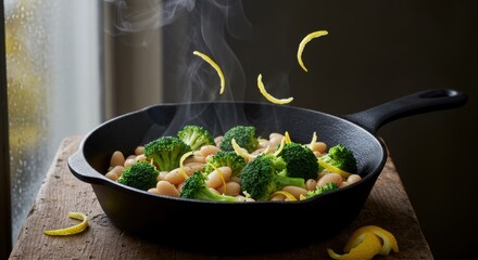 A vibrant cast-iron skillet filled with steaming broccoli and white beans, garnished with lemon zest, set against a rustic wooden table with a rainy window in the background