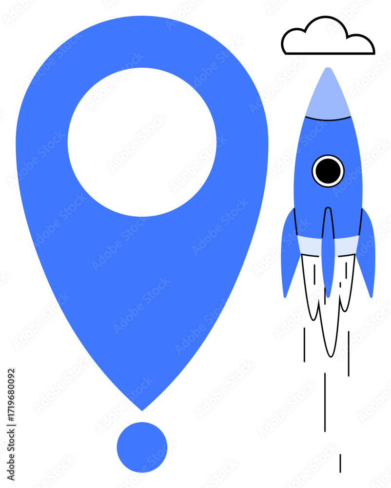 Aufkleber blue map pin next to ascending rocket with a cloud overhead conveys concepts of progress, startup su