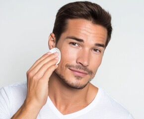 A man gently cleanses his face with a cotton pad, displaying healthy skin and a pleasant expression.