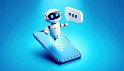 Cute robot flying over smartphone on blue background. AI Content Generator. Chatbot technology. AI chat bot based on artificial intelligence and neural networks.