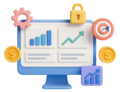 3D computer screen with financial analytics and business growth icons monitor chart isolated on a transparent background