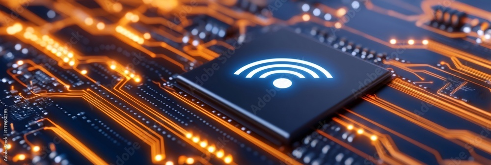 Aufkleber wi-fi signal on microchip connecting circuit board
