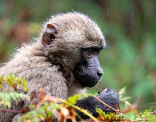 Young Baboon Portrait, Forest, Rain
