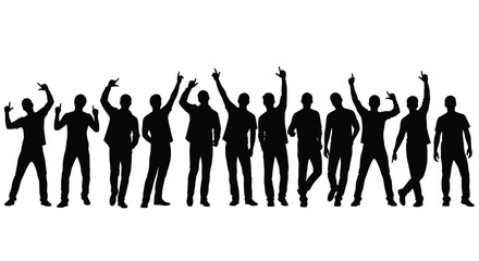 A group of diverse people dancing joyfully and celebrating together in silhouette form.