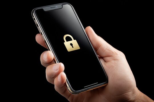 A hand firmly grasps a modern smartphone displaying a prominent golden padlock icon on its dark screen, symbolizing robust digital security and data protection in the digital age.