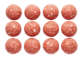 Nine raw mini meatballs, fat & spice specks, white studio background, copy space, macro overhead flat lay, for quality food product concept.