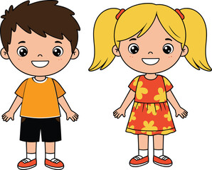 Cartoon children standing together smiling in colorful outfits, playful vector illustration for educational, preschool, kindergarten, and child-friendly content