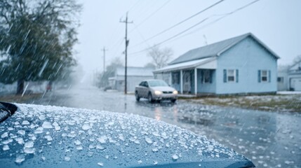 A close-up of a blue car hood covered in ice pellets during a hailstorm on a residential street.
