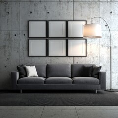 A modern living room scene, featuring a gray sofa, a set of framed artworks, and a floor lamp, against a textured concrete wall, evokes a contemporary and minimalist ambiance.