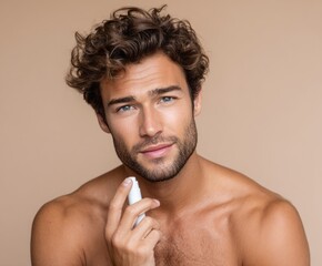 A handsome man with tousled brown hair and light-blue eyes, holding a white spray bottle, displays a healthy, confident expression against a muted beige backdrop.