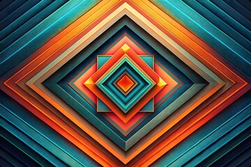 Symmetrical Concentric Diamond Pattern with Vibrant Teal, Orange, and Red Layers Abstract Design