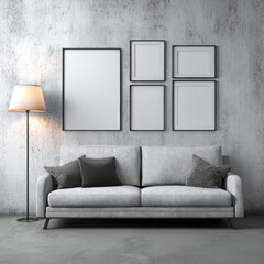 A modern living room design featuring a light gray couch, textured pillows, and a grouping of empty frames against a gray concrete wall.