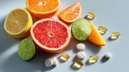 Fototapeta premium Vitamins and Citrus: A vibrant arrangement showcases an array of colorful citrus fruits and essential vitamins, emphasizing the importance of balanced nutrition for optimum health.